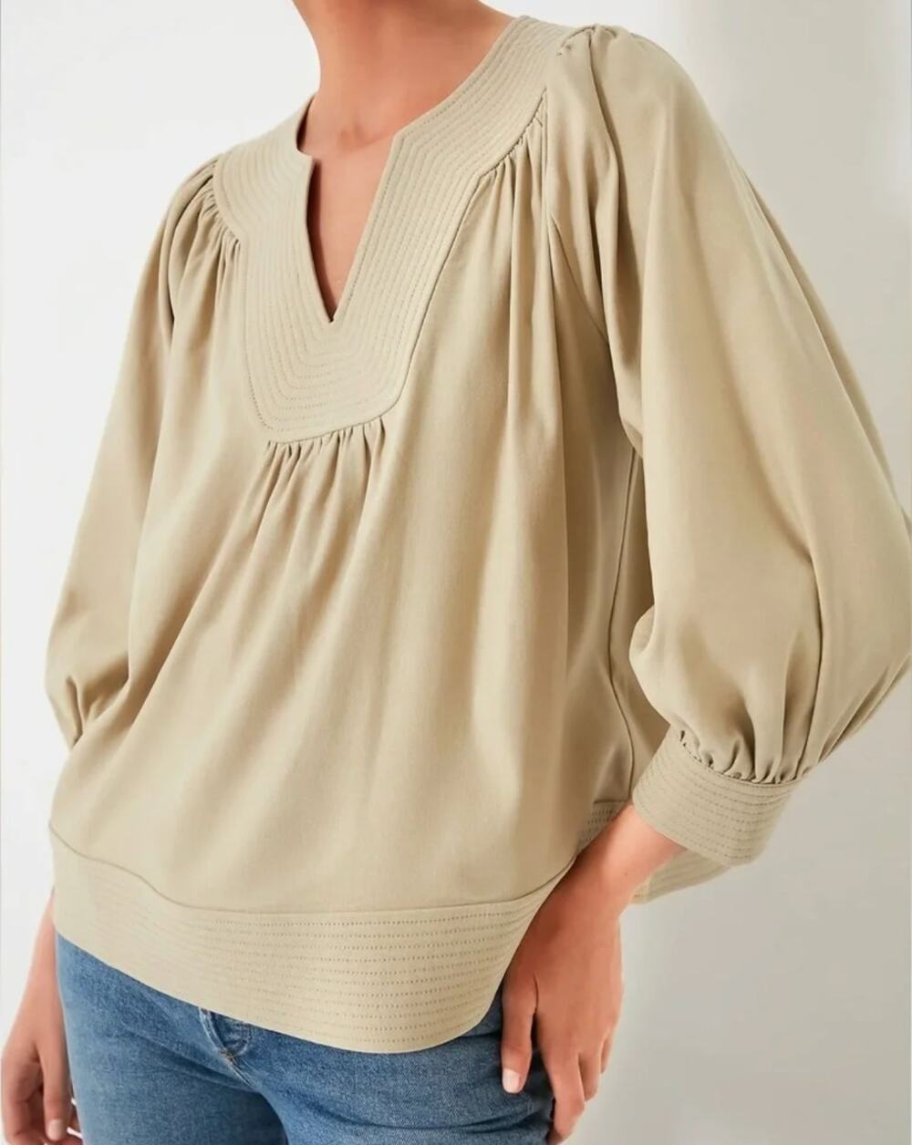 Pomander Place Koa Blouse Women Small Tan Balloon Sleeve Minimalist Boho Neutral